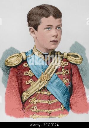 Nikolai Aleksándrovich Romanov (1868-1918) como Zarévich, durante su infancia. El que sería el futuro Nicolás II de Rusia y último zar. Grabado coloreado. La Ilustración Española y Americana, 8 de Junio de 1884. Stockfoto