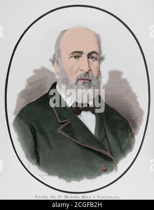 Manuel Milá y Fontanals (Vilafranaca del Penedès,1818-Barcelona,1884). Filólogo, Escritor, crítico literario e historiador de la literatura. Ilustración por Badillo. Grabado por Arturo Carretero (1852-1903). Coloreado. La Ilustración Española y Americana, 30. November 1884. Stockfoto