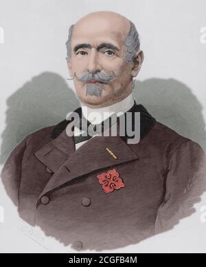 Francisco Javier Arias Dávila y Matheus (1812-1890). XIII. conde de Puñonrostro y IX marqués de Maenza. Militar y político español. Ilustración por Badillo. Grabado für Arturo Carretero. Coloreado. La Ilustración Española y Americana, 15 de junio de 1884. Stockfoto