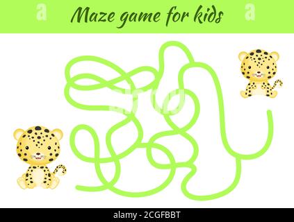 Lustige Labyrinth oder Labyrinth-Spiel für Kinder. Helfen Sie der Mutter, den Weg zum Baby zu finden. Arbeitsblatt zur Entwicklung von Schulungen. Aktivitätsseite. Cartoon jaguar Figuren. Stock Vektor