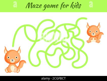 Lustige Labyrinth oder Labyrinth-Spiel für Kinder. Helfen Sie der Mutter, den Weg zum Baby zu finden. Arbeitsblatt zur Entwicklung von Schulungen. Aktivitätsseite. Cartoon Eichhörnchen Zeichen. Stock Vektor