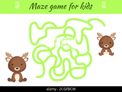 Lustige Labyrinth oder Labyrinth-Spiel für Kinder. Helfen Sie der Mutter, den Weg zum Baby zu finden. Arbeitsblatt zur Entwicklung von Schulungen. Aktivitätsseite. Cartoon Elch Figuren. Stock Vektor