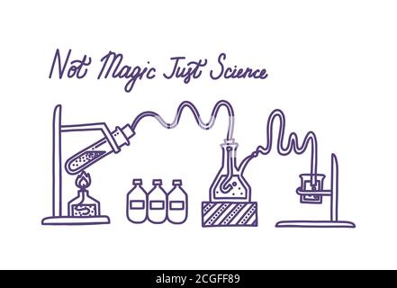 Set von chemischen Laborgeräten. Glaskolben, Reagenzglas, Becher, Spiritus und chemische Mittel. Handgezeichnete Vektorgrafik im Doodle-Stil Stock Vektor