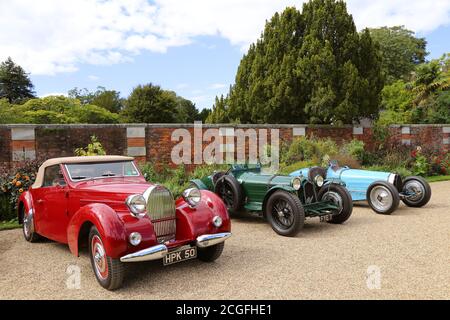 Bugatti Typen 57 und 59, mit Alfa Romeo 8C 2300 dazwischen, Car Club Displays, Concours of Elegance 2020, Hampton Court Palace, London, UK, Europa Stockfoto