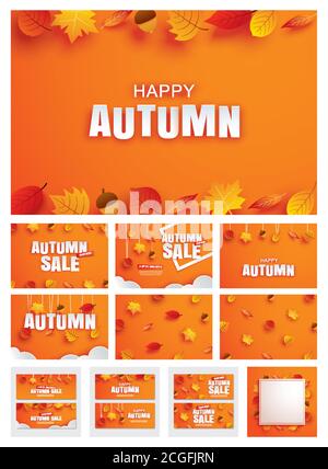 Happy Herbst Set Einladung und Verkauf Papierkunst Stil mit Blättern auf orangefarbenem Hintergrund. Stock Vektor