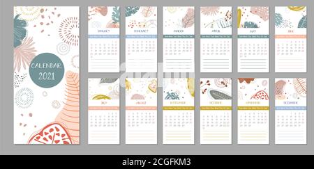 2021 Trendy Kalender-Design. Set von 12 Monaten. Woche beginnt am Sonntag.editierbare Kalenderseite Vorlage A4, A3-Format.Abstract künstlerischen Vektor illustrati Stock Vektor