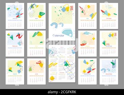2021 Trendy Kalender-Design. Editierbare Kalenderseite Vorlage.Abstrakte künstlerische Vektor Illustration.Cute druckbare kreative Vorlage mit geometrischen Ele Stock Vektor