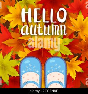 Frauen blaue Schuhe auf Herbstblättern. Schriftzug Hello Autumn. Poster, Banner Vektor Illustration isoliert Stock Vektor