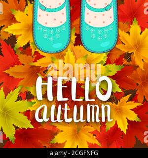 Frauen blaue Schuhe auf Herbstblättern. Schriftzug Hello Autumn. Poster, Banner Vektor Illustration isoliert Stock Vektor