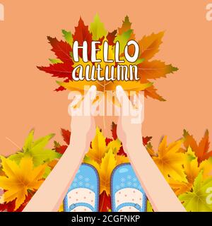 Frauen blaue Schuhe auf Herbstblättern. Hände, die Herbstblätter halten. Schriftzug Hello Autumn. Poster, Banner Vektor Illustration isoliert Stock Vektor