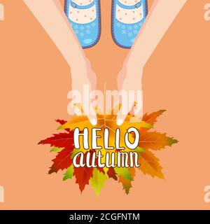 Frauen blaue Schuhe auf Herbstblättern. Hände, die Herbstblätter halten. Schriftzug Hello Autumn. Poster, Banner Vektor Illustration isoliert Stock Vektor