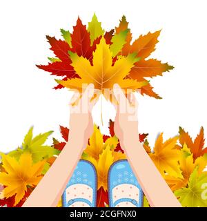 Frauen blaue Schuhe auf Herbstblättern. Hände, die Herbstblätter halten. Poster, Banner Vektor Illustration isoliert Stock Vektor