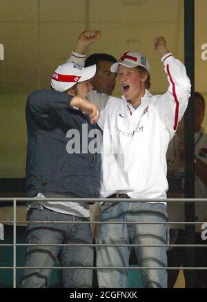 PRINZ HARRY FEIERT ENGLANDS SIEG ENGLAND GEGEN SÜDAFRIKA, 2003 RUGBY-WELTMEISTERSCHAFT, PERTH, AUSTRALIEN - 18/10/2003 BILD : MARK PAIN / ALAMY Stockfoto