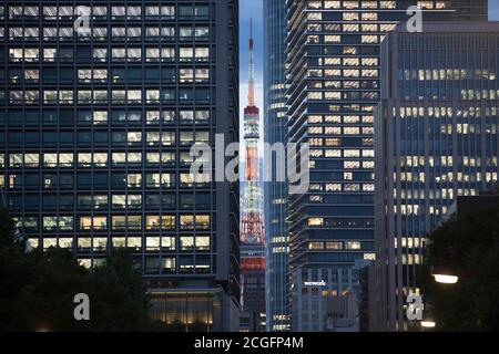 Tokio, Japan. September 2020. Tokyo Tower ist zwischen Gebäuden von einer Fußgängerbrücke in der Nähe von Hibiya Park in Chiyoda-Ku zu sehen. Kredit: SOPA Images Limited/Alamy Live Nachrichten Stockfoto
