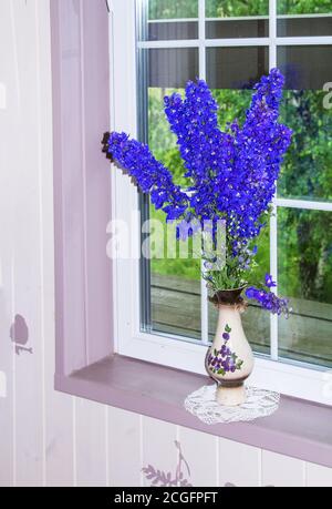 Blaue Blumen aus einem Blumenbett geschnitten stehen auf der Fensterbank in einem privaten Ferienhaus. Vertikale Ausrichtung Stockfoto