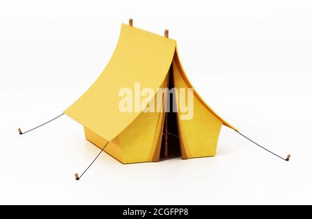 Gelbes Camping Zelt isoliert auf weißem Hintergrund. 3D-Illustration. Stockfoto