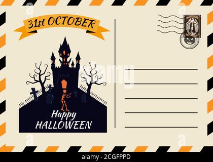 Happy Halloween Postcard Einladung Dark Castle Cemetery Vorlage mit Briefmarke Hintergrunddesign. Vektor isoliertes Banner Poster Stock Vektor
