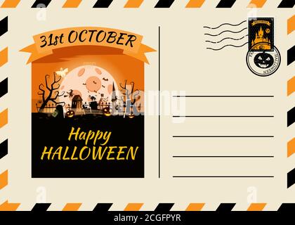 Happy Halloween Postkarte Einladungsvorlage mit Briefmarke Hintergrunddesign. Vektor isoliertes Banner Poster Stock Vektor