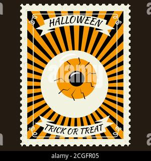 Happy Halloween Briefmarkenmarken mit Auge, halloween Cartoon Charakter Symbol. Vektor isoliert Retro Vintage Stock Vektor