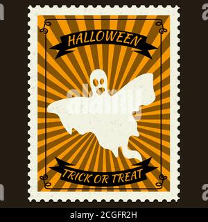 Happy Halloween Briefmarkenmarken mit Geist, halloween Cartoon Charakter Symbol. Vektor isoliert Retro Vintage Stock Vektor