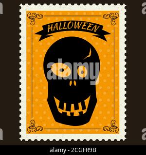 Happy Halloween Briefmarkenstempel mit Totenkopf, halloween Cartoon Charakter Symbol. Vektor isoliert Retro Vintage Stock Vektor