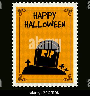 Happy Halloween Briefmarken mit Grab, halloween Cartoon Charakter Symbol. Vektor isoliert Retro Vintage Stock Vektor