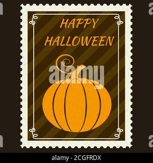 Happy Halloween Briefmarkenmarken mit Kürbis, halloween Cartoon Charakter Symbol. Vektor isoliert Retro Vintage Stock Vektor