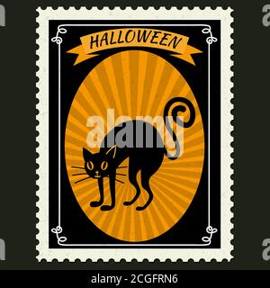 Happy Halloween Briefmarkenmarken mit schwarzer Katze, halloween Cartoon Charakter Symbol. Vektor isoliert Retro Vintage Stock Vektor
