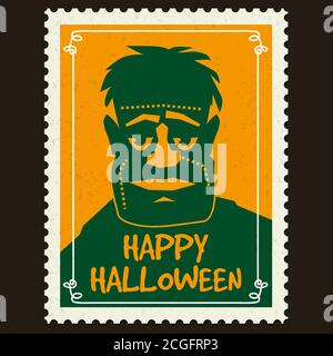 Happy Halloween Briefmarkenmarken mit Monster Zombie, halloween Cartoon Charakter Symbol. Vektor isoliert Retro Vintage Stock Vektor