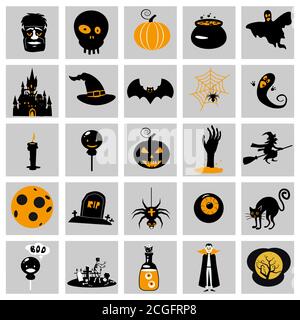Set Halloween-Icons und Illustrationen bunte Kürbisse Fledermaus, Eule, Geist, Topf, Monde, Hut, Grabsteine, unheimlich Baum, Katze, Auge, Spinne. Vektor Isoliert Stock Vektor