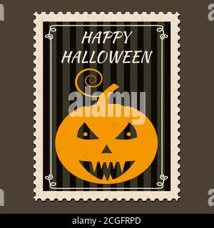 Happy Halloween Briefmarkenmarken mit Kürbis, halloween Cartoon Charakter Symbol. Vektor isoliert Retro Vintage Stock Vektor