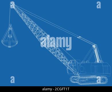 Bergbaumaschine. Die Maschine des Steinbruchs Bergbau arbeitet. Die Ebenen sichtbarer und unsichtbarer Linien werden getrennt. Drahtrahmen umrissen Stock Vektor