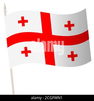 Vektor winkende Flagge auf einem Fahnenmast. Die Nationalflagge Georgiens. Farbsymbol auf Weiß isoliert. Stock Vektor