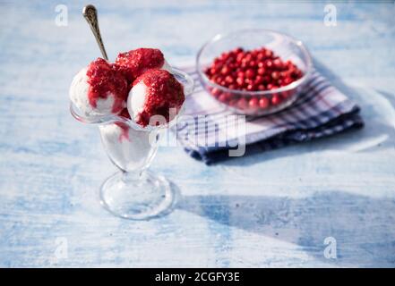 Cremeschüssel mit Eiskugeln und Preiselbeermarmelade, Beeren in einem transparenten Teller im Fokus auf einer karierten blauen Serviette. Horizontale Ausrichtung. Stockfoto