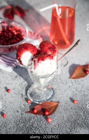 Eis mit Preiselbeermarmelade in einem Glas Creamer, Beerenmorse und Beeren auf einem hellen Hintergrund mit Herbstblättern . Vertikale Ausrichtung Stockfoto