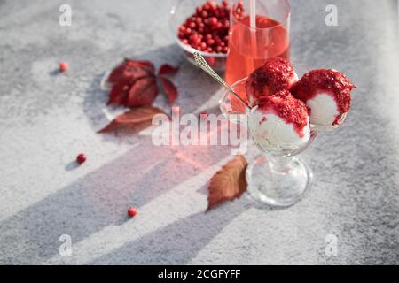 Veganes Eis mit Marmelade, Vitamingetränk aus frischen Preiselbeeren und Beeren auf einem Glasteller auf hellem Hintergrund. Ein Platz für die Raummine.Hor Stockfoto