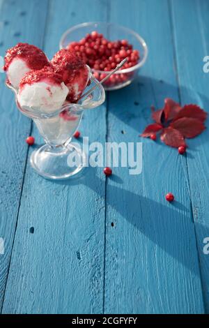 Veganes Eis mit frischer Preiselbeermarmelade und Beeren auf einer Glasplatte auf blauem Hintergrund. Horizontale Ausrichtung Stockfoto