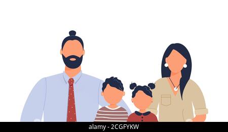 Happy cute Familienportrait von Eltern und Kindern: Hipster Vater, Mutter, Sohn und Tochter isoliert auf weißem Hintergrund. Moderne vierköpfige Familie Stockfoto