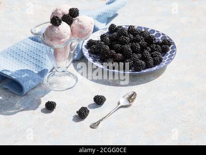Eiskugeln in einer Glasschüssel mit Brombeeren auf hellem Hintergrund.Horizontale Ausrichtung. Platz für einen Kopierbereich Stockfoto