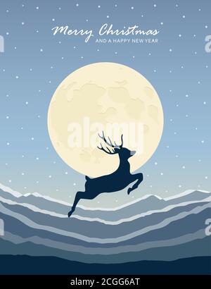 Jumping Hirsch auf verschneite Berglandschaft von Mond weihnachten Design vektorgrafik EPS10 Stock Vektor