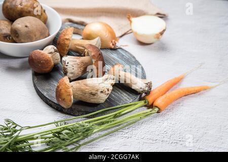 Weiße Waldpilze auf hellem Hintergrund. Kochen von Bio-Pilzen. Die Sommerernte. Horizontale Position Stockfoto