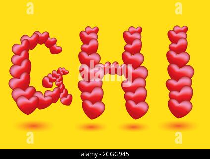 Red Heart Shape Design Vektor Schriftarten für Valentinstag und besondere Anlässe. Alphabete G H und ich isoliert auf gelbem Hintergrund Stock Vektor