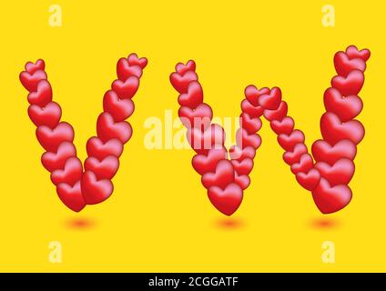 Red Heart Shape Design Vektor Schriftarten für Valentinstag und besondere Anlässe. Alphabete V und W isoliert auf gelbem Hintergrund Stock Vektor