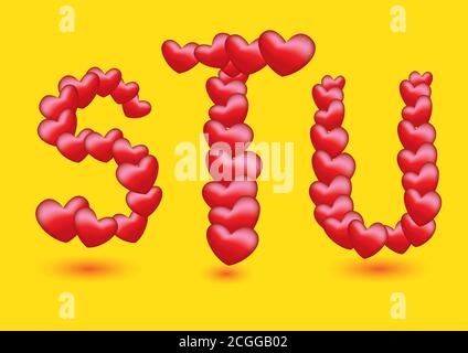 Red Heart Shape Design Vektor Schriftarten für Valentinstag und besondere Anlässe. Die Buchstaben S, T und U sind auf gelbem Hintergrund isoliert Stock Vektor