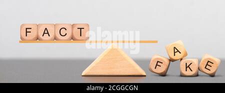 Fact und Fake News auf Holzwürfel geschrieben Stockfoto
