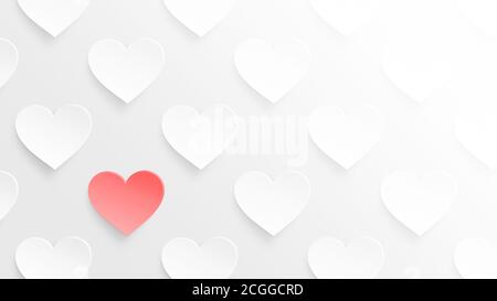 Weiße Herzen und ein rotes Herz auf hellgrauem Hintergrund. Symbol der Liebe und Valentinstag. Konzept, sich von der Masse abzuheben, einzigartig. Stockfoto
