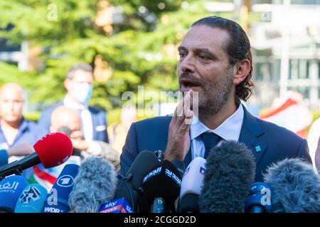 LEIDSCHENDAM, 18. August 2020 - Saad Hariri, ehemaliger libanesischer Premierminister, kommentiert das Urteil des Sondertribunals für Libanon über seinen Vater Rafik Hariri Stockfoto