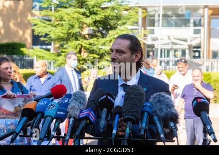 LEIDSCHENDAM, 18. August 2020 - Saad Hariri, ehemaliger libanesischer Premierminister, kommentiert das Urteil des Sondertribunals für Libanon über seinen Vater Rafik Hariri Stockfoto