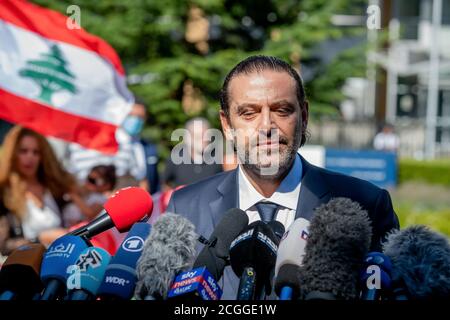 LEIDSCHENDAM, 18. August 2020 - Saad Hariri, ehemaliger libanesischer Premierminister, kommentiert das Urteil des Sondertribunals für Libanon über seinen Vater Rafik Hariri Stockfoto