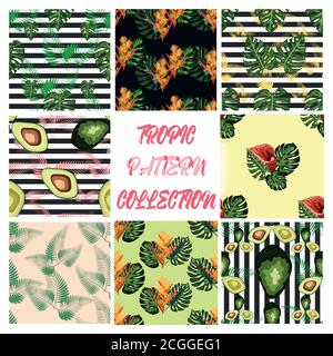 Nahtloses Muster tropischer Blumen grüne Blätter von Palmen und Blumen Vogel von paradis, Hibiskus, Avocado, Stock Vektor